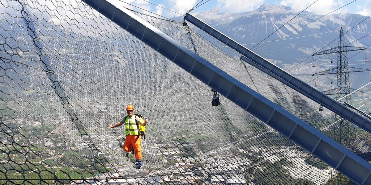 Steel rope mesh installed for rockfall slope protection